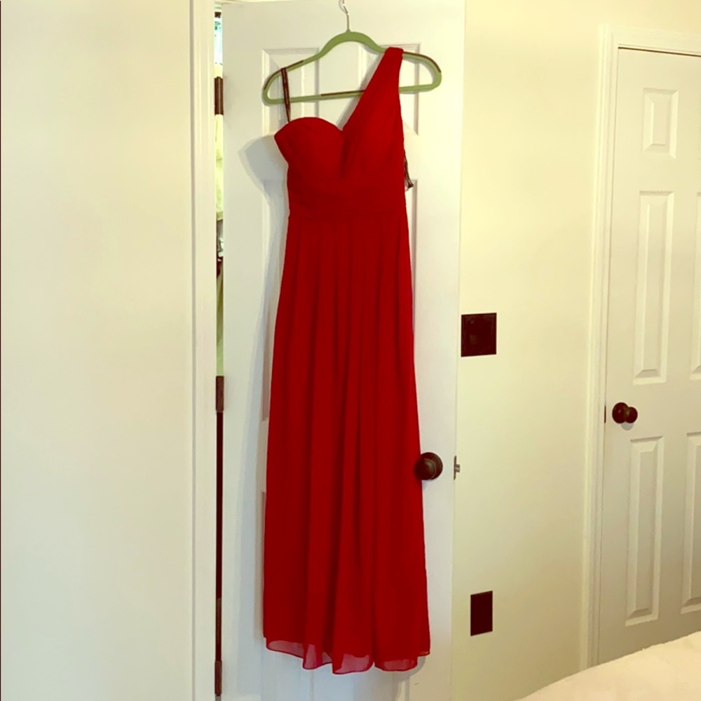 Red asymmetrical floor length dress